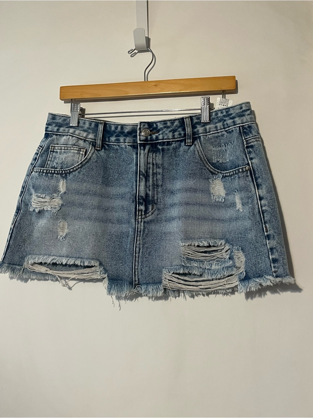 SHEIN Light Blue Distressed Frayed Denim Mini Skirt